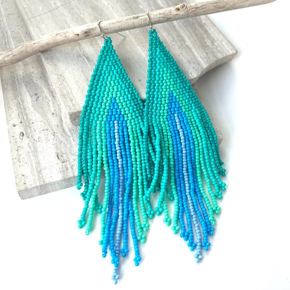 NEW~ Free People Turquoise Ombré Beaded Tassel Earrings - Picture 2 of 6